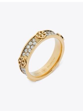 Tory Burch Gold Logo Crystal-Accent Band Ring